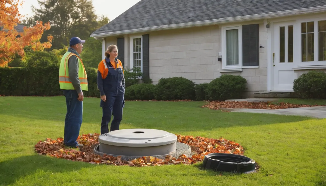 Friendly septic provider talking with a homeowner near an open tank lid in a Hampstead backyard